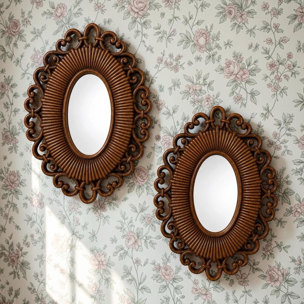 Vintage Wall Mirrors Pair HOMCO Faux Wood Oval Gallery Wall French Provincial